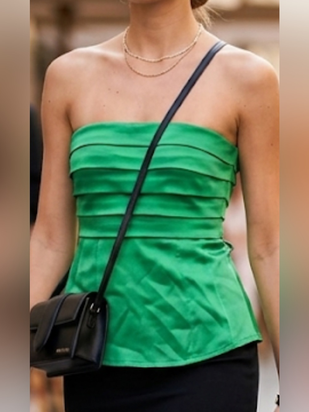 Vintage Y2K Bebe 96% silk stretch Strapless Satin Peplum Top Emerald Green XXS
